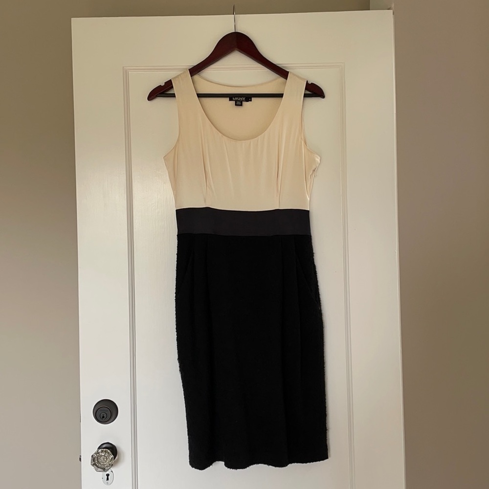 DKNY ivory silk and black boucle dress